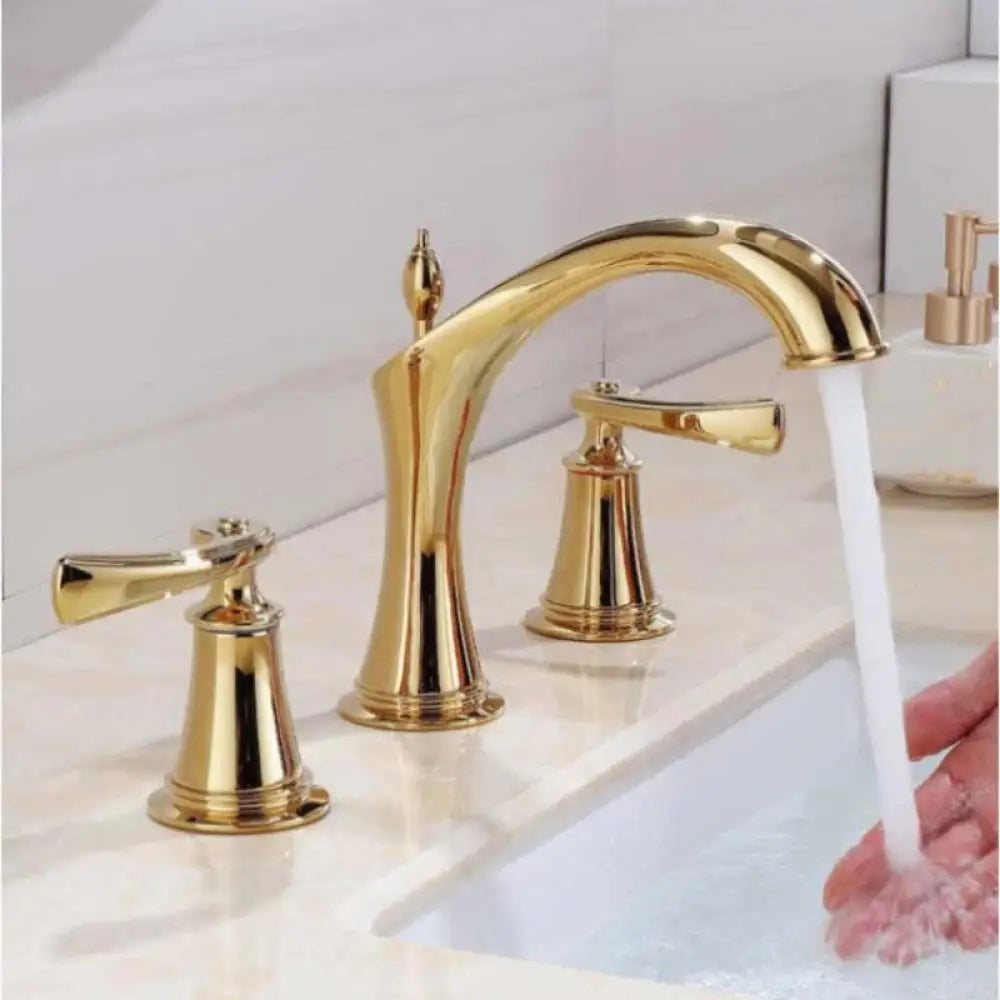 Basin Faucet Widespread American Style Classical Gold Brass Mixer Tap Bathroom Water Sink Gold