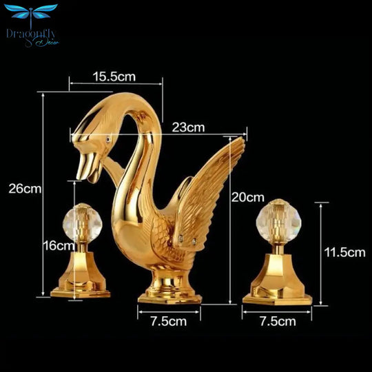Basin Faucet Widespread Hot And Cold Swan Sink Crystal Handle Gold Solid Brass Mixer Bathroom