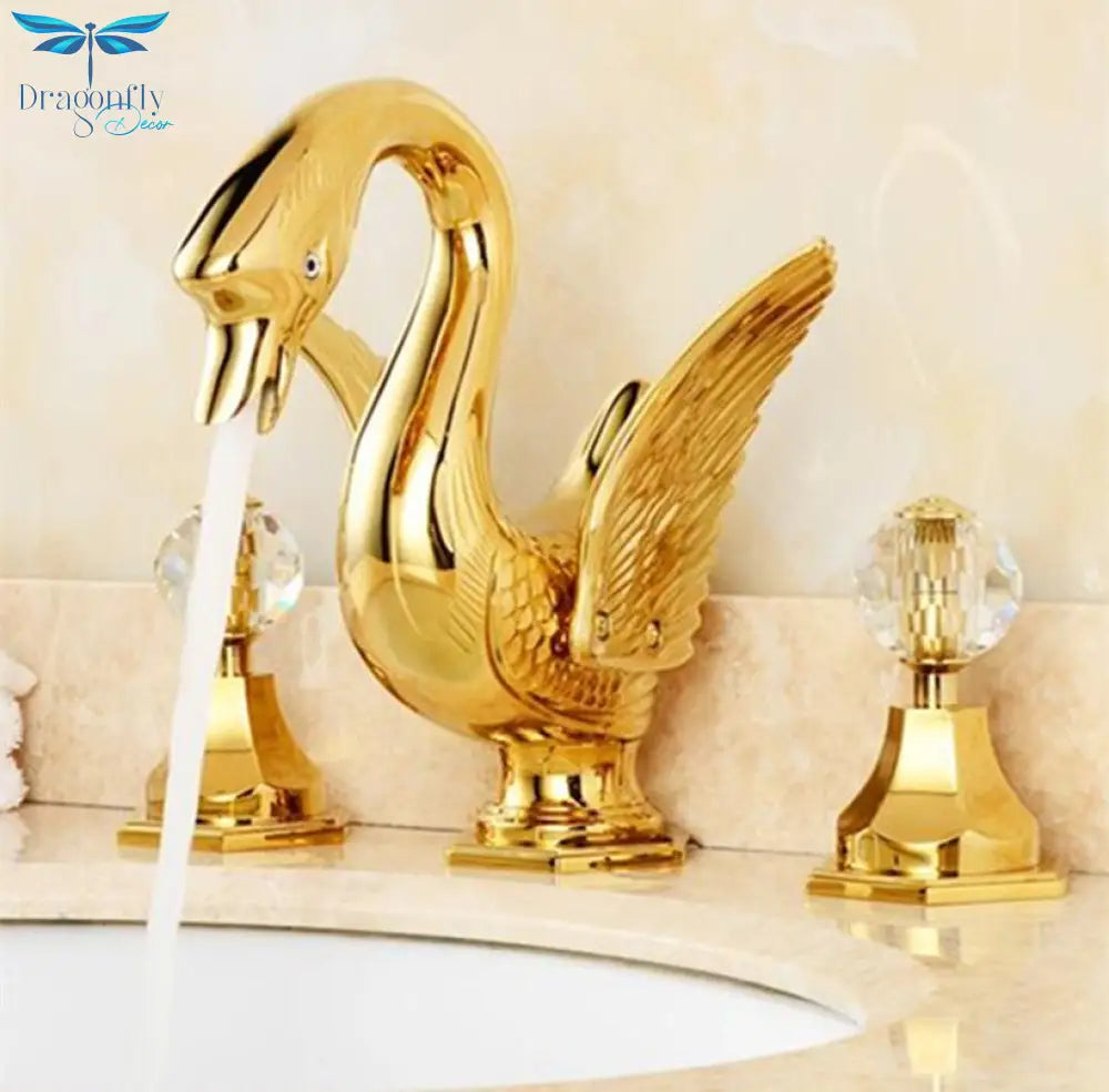 Basin Faucet Widespread Hot And Cold Swan Sink Crystal Handle Gold Solid Brass Mixer Bathroom