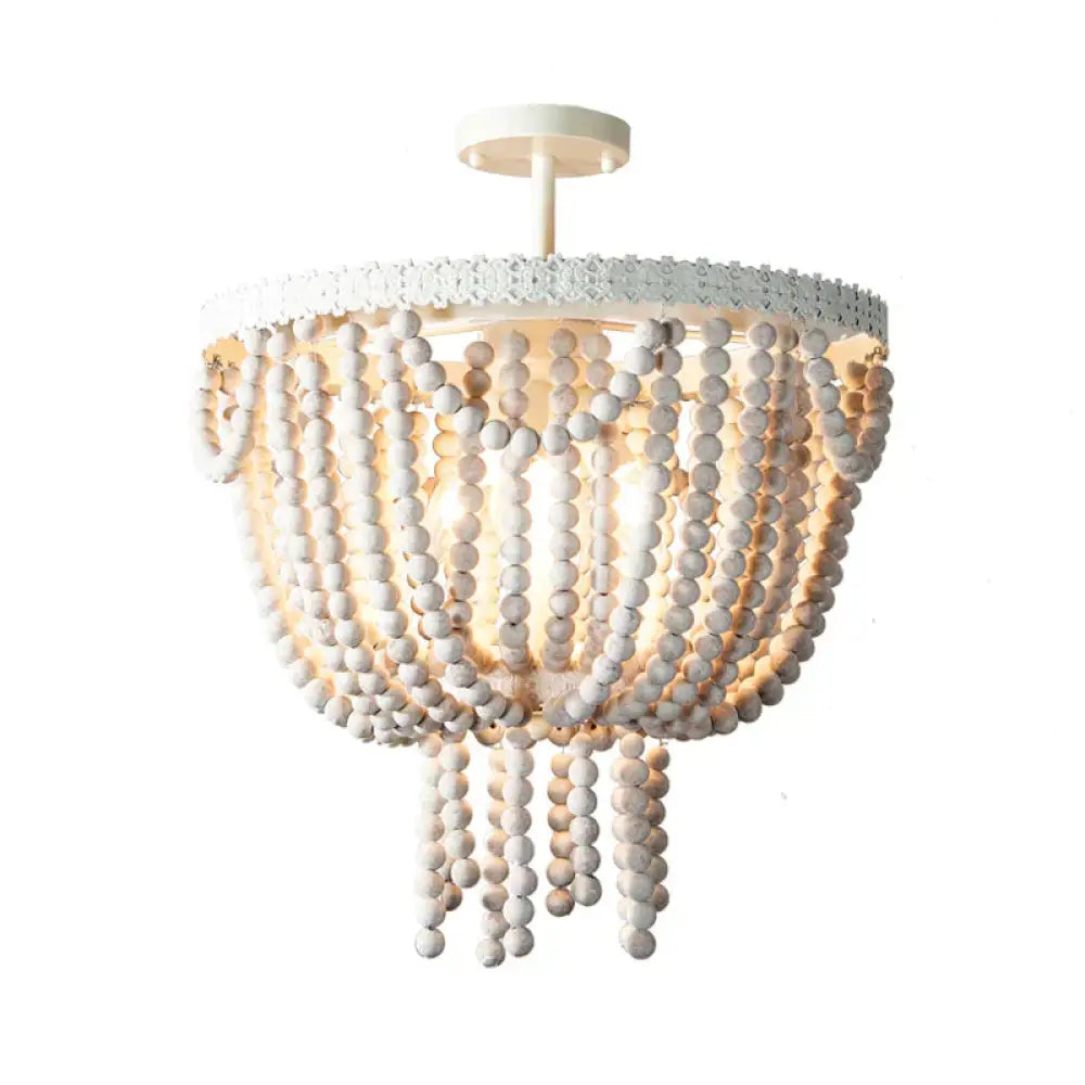 Beaded Bowl Shape Ceiling Pendant French Country 4 Lights Living Room White Wood Chandelier Lamp