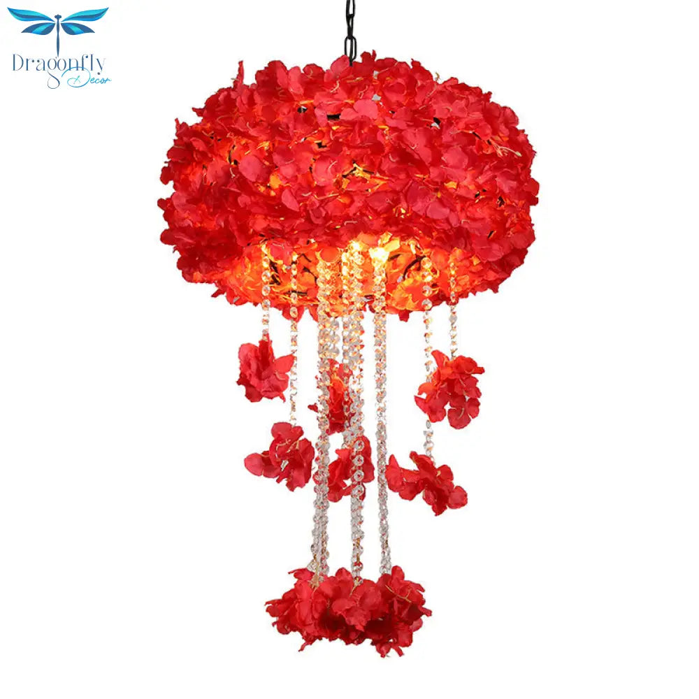 Beatrice - Vintage Round Cage Restaurant Chandelier Iron 4 - Bulb Red Flower Ceiling Hang Fixture