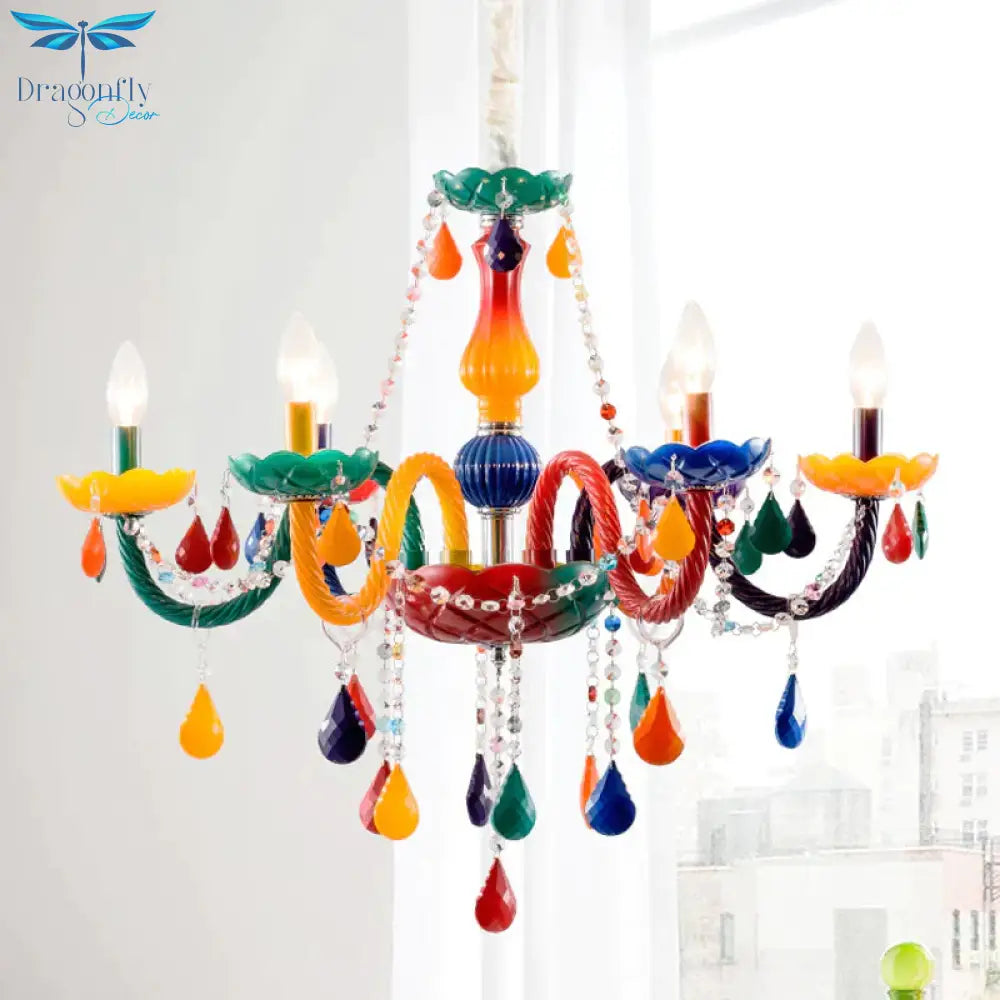 Beautiful Multi - Color Chandelier Candle 6 Lights Glass Pendant Light For Kindergarten Living Room