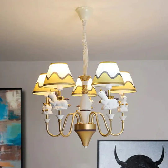 Bedroom Tapered Shade Hanging Lights Metal 5 Cartoon Unicorn Chandelier In Blue/Gold/Pink Gold