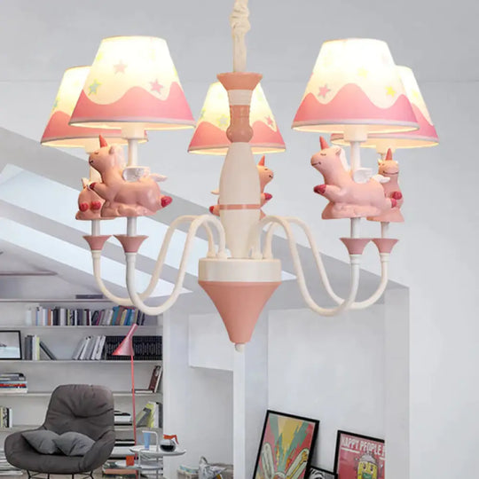 Bedroom Tapered Shade Hanging Lights Metal 5 Cartoon Unicorn Chandelier In Blue/Gold/Pink Pink