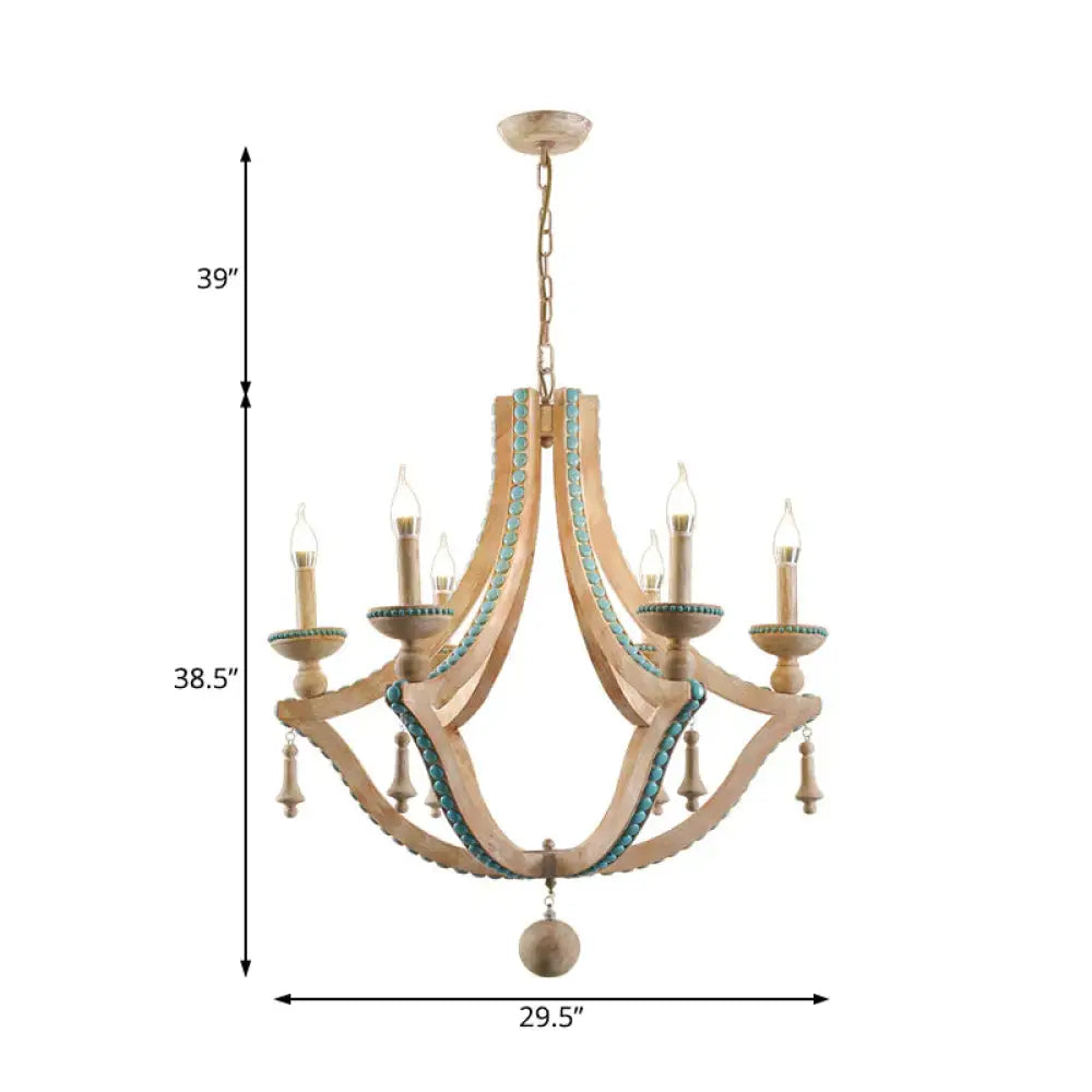 Beige Candle Ceiling Chandelier Traditional Wood 6 Heads Hanging Light Fixture With Green Pine Stone