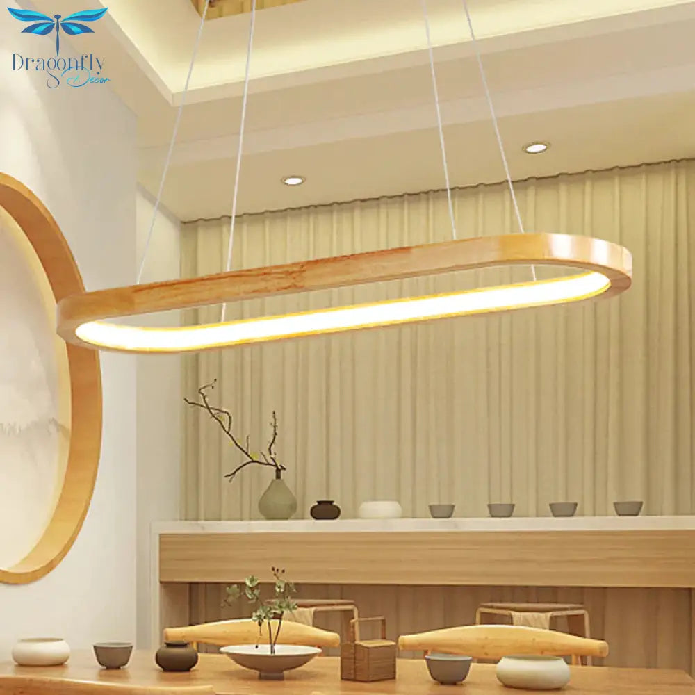 Beige Oval Ceiling Pendant Light Nordic Wood Led Chandelier Lighting Fixture For Dining Room