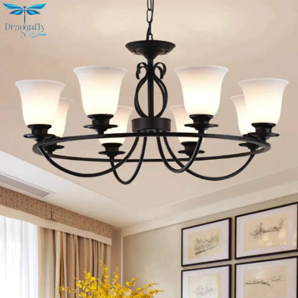 Bell Frosted Glass Chandelier Lighting Traditional 3/6/8 Lights Living Room Pendant In Black