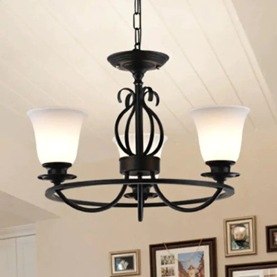 Bell Frosted Glass Chandelier Lighting Traditional 3/6/8 Lights Living Room Pendant In Black 3 /