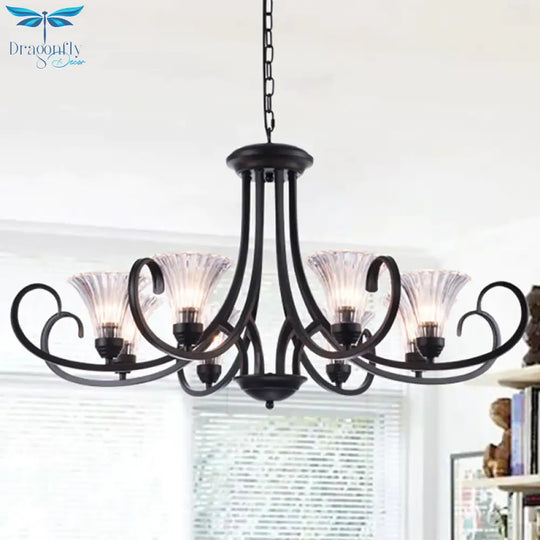 Bell Living Room Ceiling Chandelier Traditional Clear Ribbed Glass 4/6/8 Lights Black Hanging