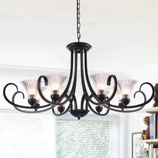 Bell Living Room Ceiling Chandelier Traditional Clear Ribbed Glass 4/6/8 Lights Black Hanging