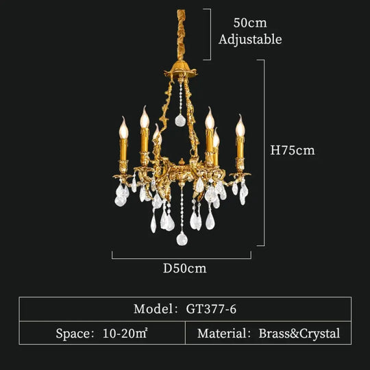 Belmond - French Hotel Lobby Luxury European - Style Full Copper Led Crystal Chandelier 6Lights D50