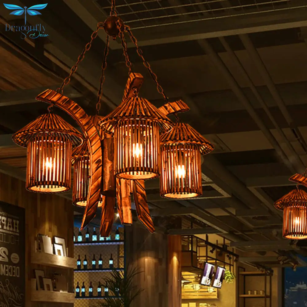 Bianca - Rustic Chandelier Light: 4 - Lights Wood Lantern Pendant For Dining Room