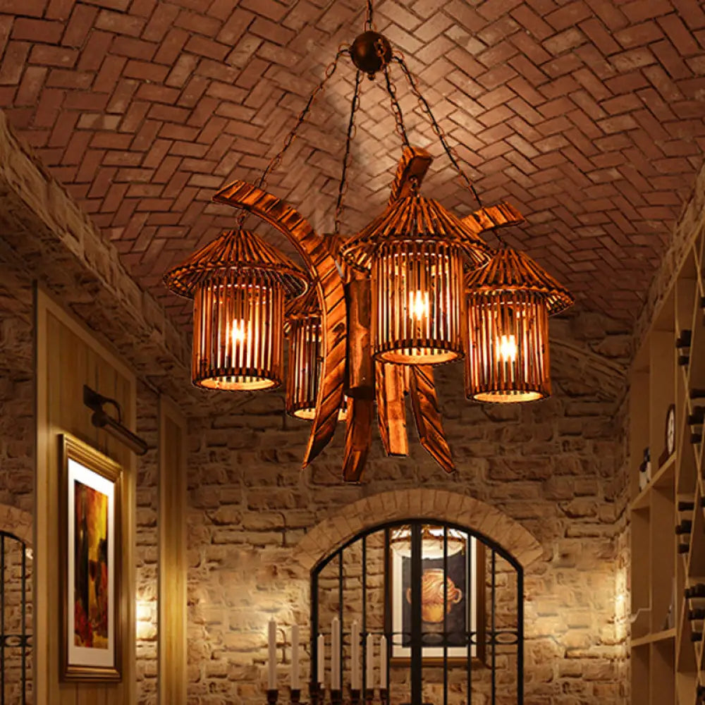 Bianca - Rustic Chandelier Light: 4 - Lights Wood Lantern Pendant For Dining Room Brown