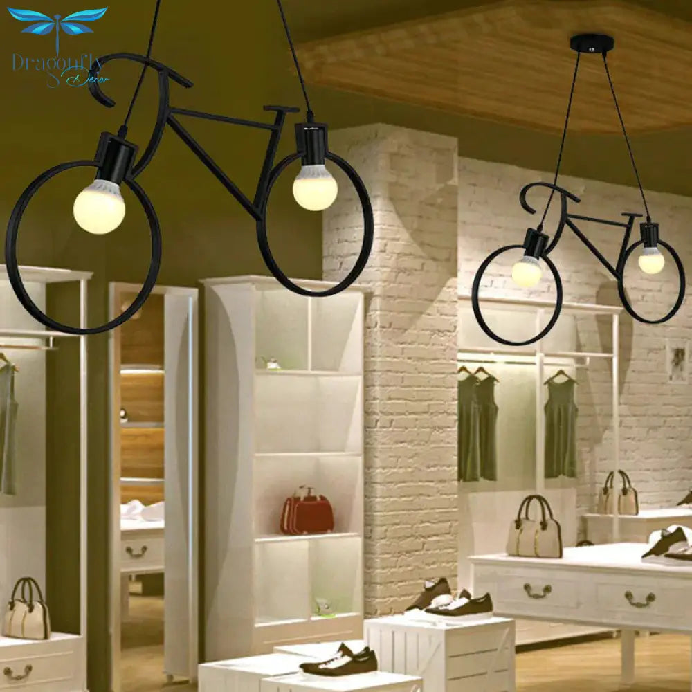 Bicycle Iron Chandelier Light Antique 2 Heads Restaurant Pendant Fixture In Black
