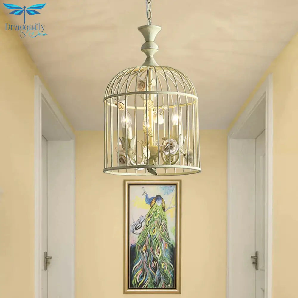 Birdcage Metal Hanging Light Fixture Rustic 3/5 Lights Corridor Chandelier With White Flower