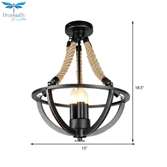 Black 3 - Light Pendant Chandelier Industrial Metal And Rope Candle Hanging Light For Living Room