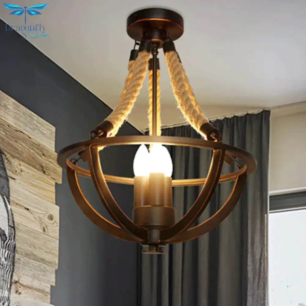 Black 3 - Light Pendant Chandelier Industrial Metal And Rope Candle Hanging Light For Living Room
