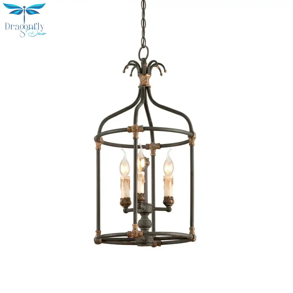 Black 3 Lights Chandelier Lighting Rustic Metal Bird Cage Pendant Lamp For Bedroom