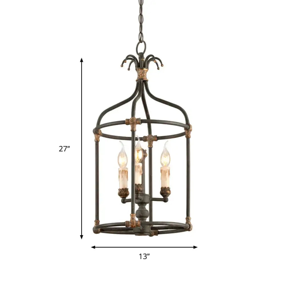 Black 3 Lights Chandelier Lighting Rustic Metal Bird Cage Pendant Lamp For Bedroom