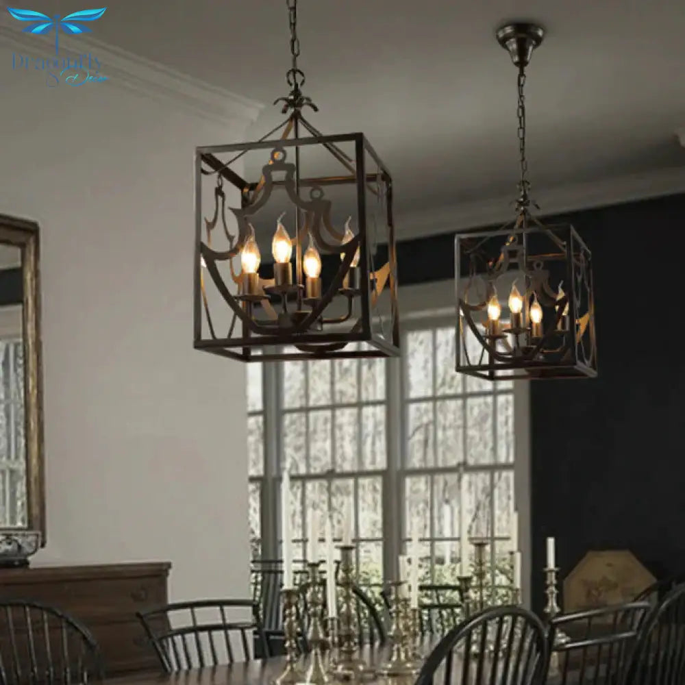 Black 4 Bulbs Ceiling Light Fixture Farmhouse Style Metal Rectangle Cage Chandelier Lighting Over