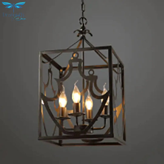Black 4 Bulbs Ceiling Light Fixture Farmhouse Style Metal Rectangle Cage Chandelier Lighting Over