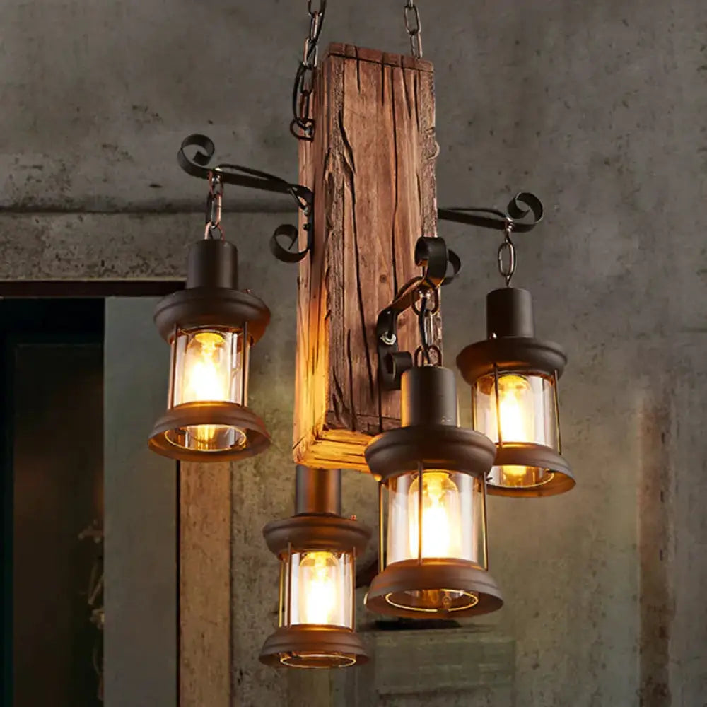 Black 4 Lights Chandelier Light Fixture Industrial Clear Glass Lantern Pendant Lamp With Wooden Beam