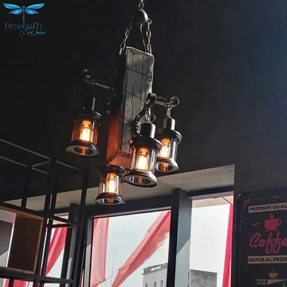 Black 4 Lights Chandelier Light Fixture Industrial Clear Glass Lantern Pendant Lamp With Wooden Beam