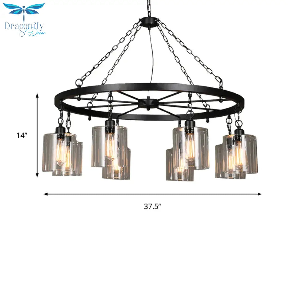 Black 6/8 Lights Pendant Chandelier Traditional Clear Glass Cylinder Hanging Light With Wagon Wheel