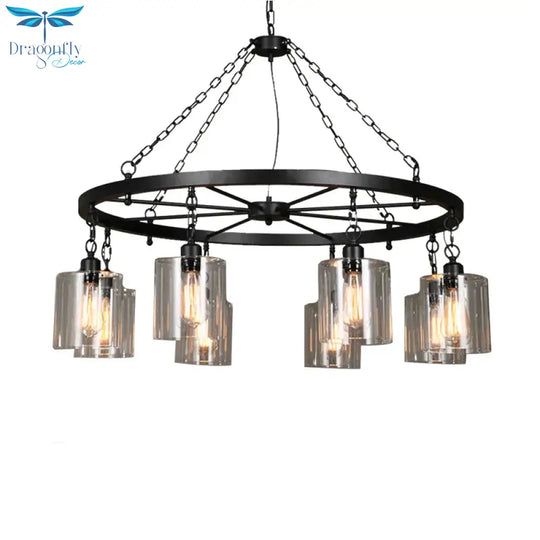 Black 6/8 Lights Pendant Chandelier Traditional Clear Glass Cylinder Hanging Light With Wagon Wheel