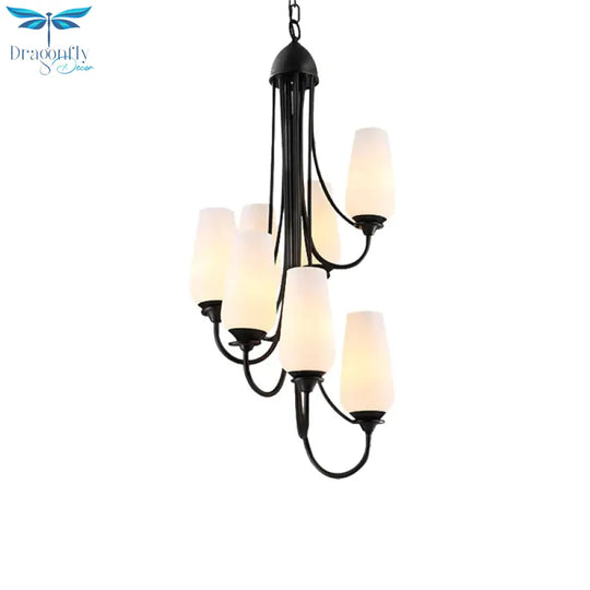 Black Cup Shape Pendant Lighting Traditional Frosted Glass 5/7 Lights Living Room Chandelier For