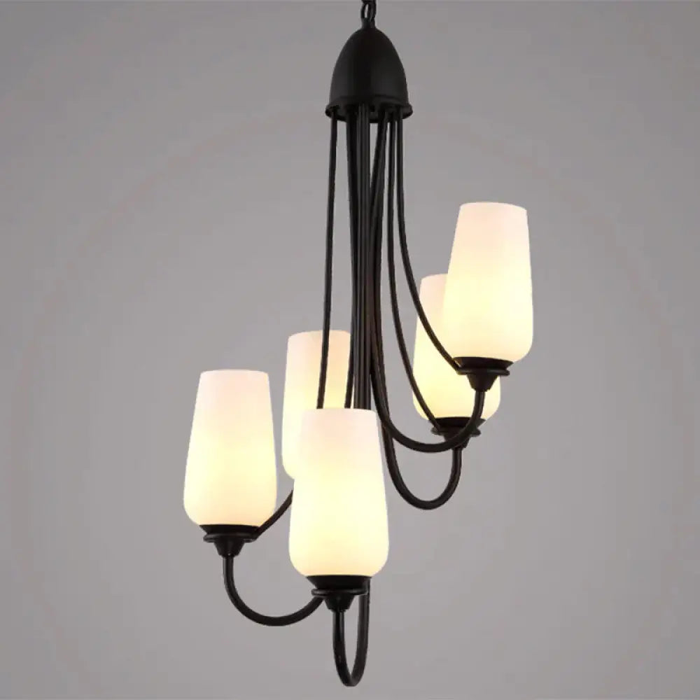 Black Cup Shape Pendant Lighting Traditional Frosted Glass 5/7 Lights Living Room Chandelier For 5 /