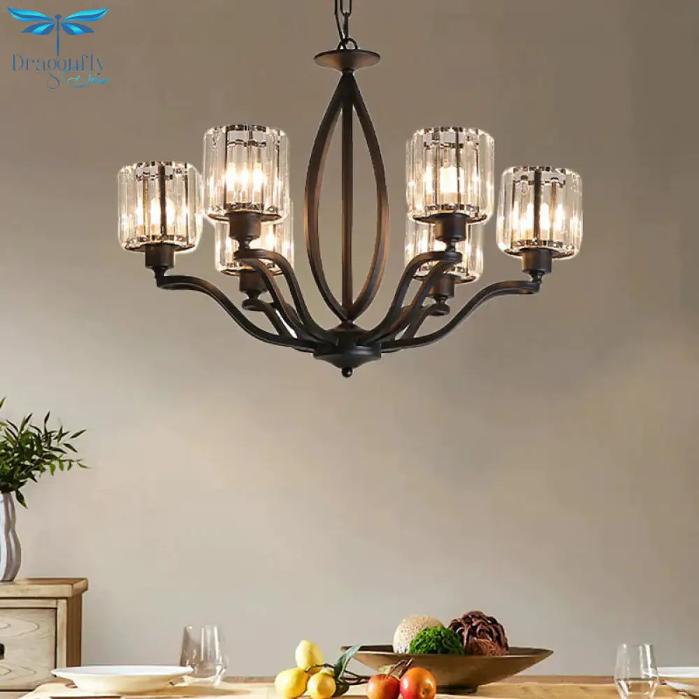 Black Cylinder Ceiling Light Fixture Simple Style Crystal Block 3/6/8 Lights Dining Room Chandelier