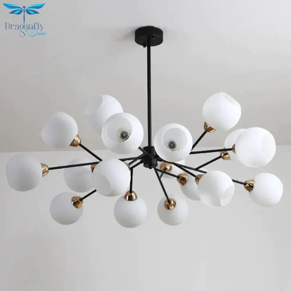 Black Globe Shade Chandelier Lamp Traditional White Glass 6/12/18 Lights Living Room Hanging Light