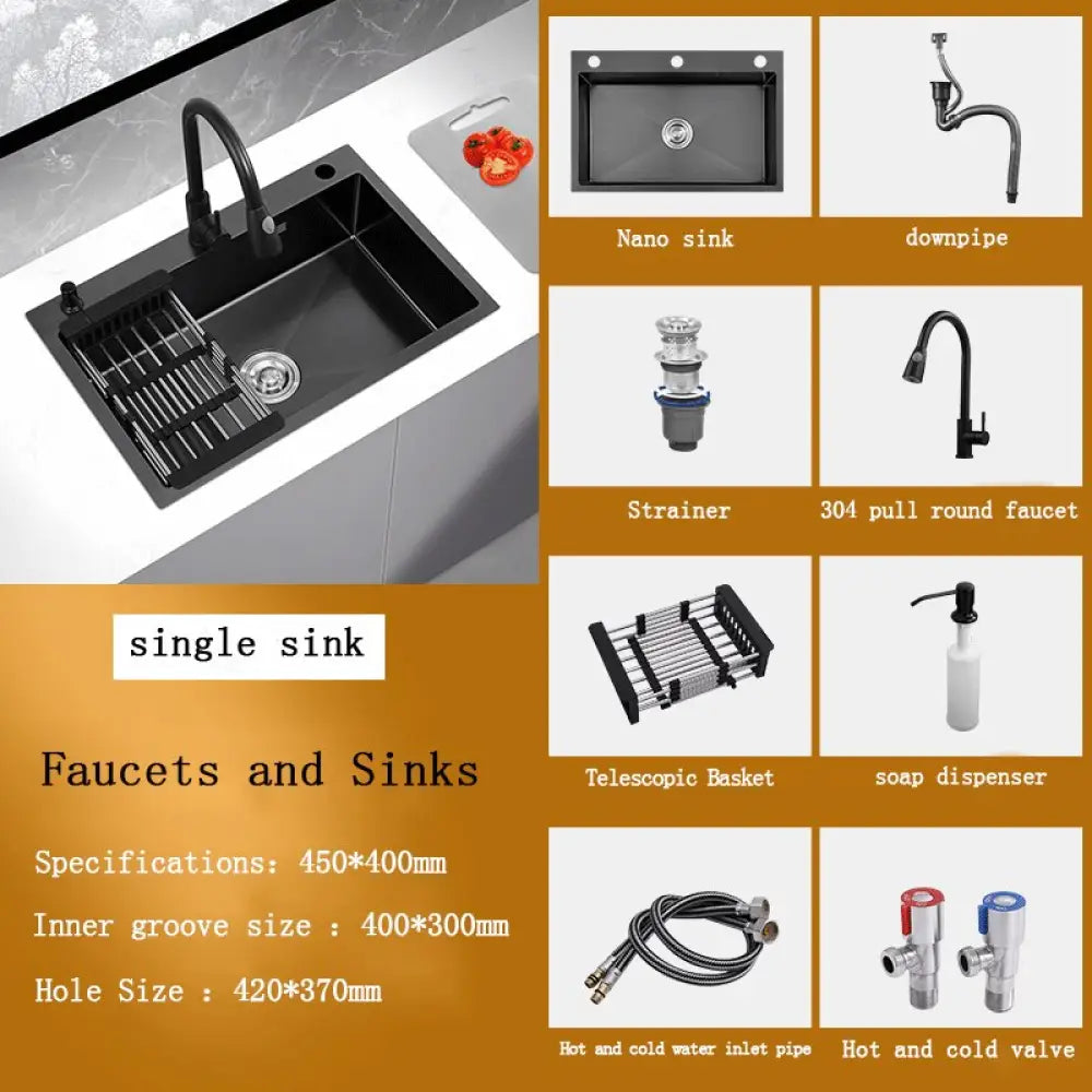 Black Stainless Steel Single Bowl Kitchen Sink Undermount Dishwasher 45X40 Sink