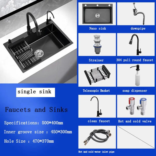 Black Stainless Steel Single Bowl Kitchen Sink Undermount Dishwasher 50X40 1 Sink