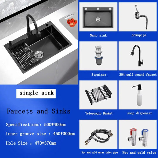 Black Stainless Steel Single Bowl Kitchen Sink Undermount Dishwasher 50X40 Sink