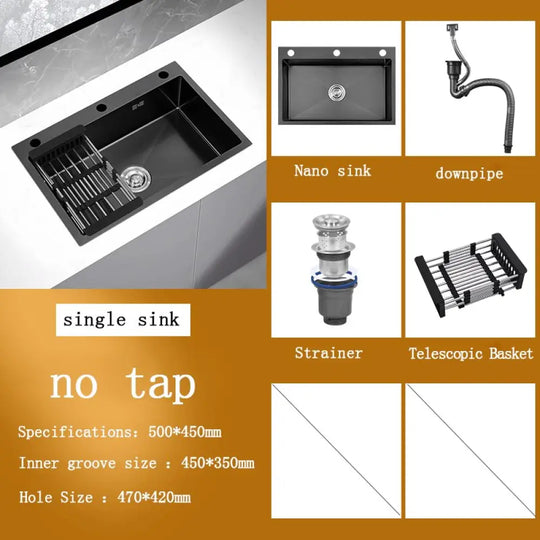 Black Stainless Steel Single Bowl Kitchen Sink Undermount Dishwasher 50X45 No Tap Sink