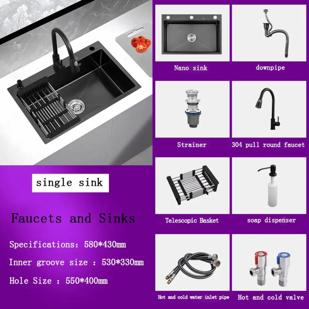 Black Stainless Steel Single Bowl Kitchen Sink Undermount Dishwasher 58X43 1 Sink