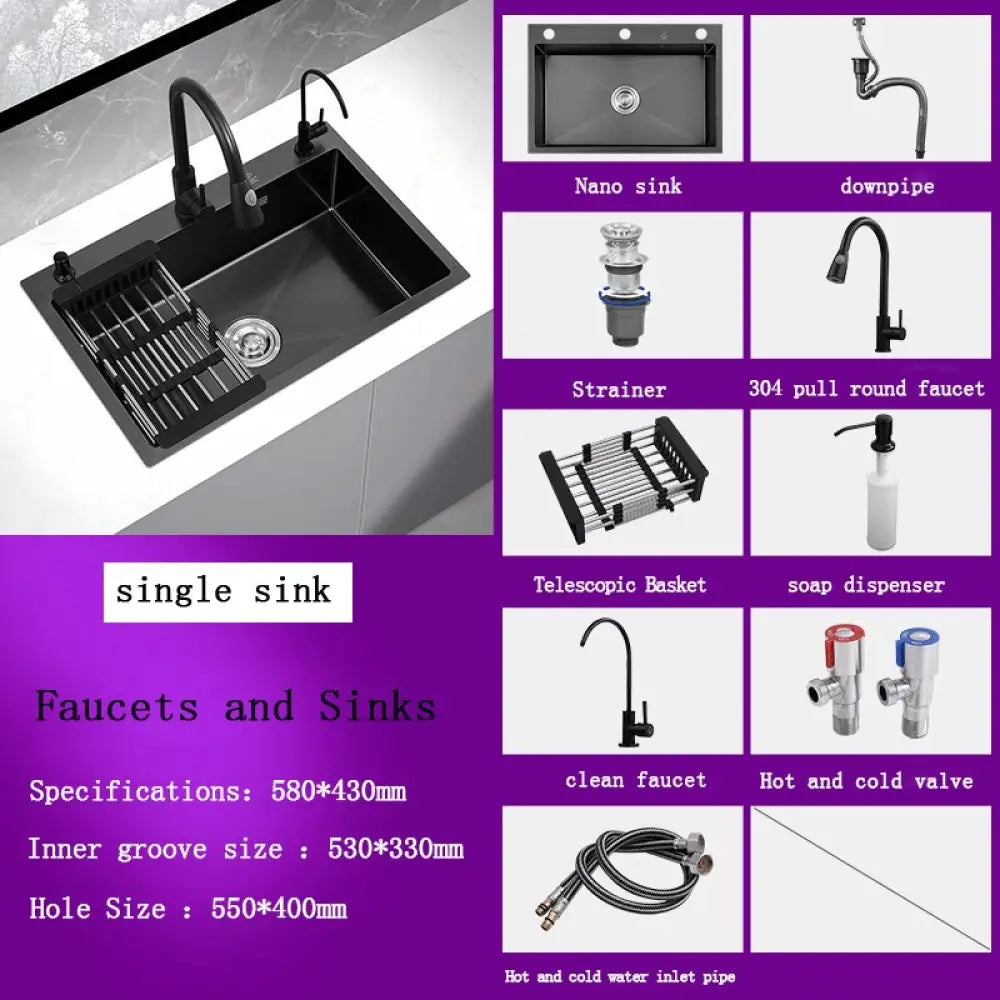 Black Stainless Steel Single Bowl Kitchen Sink Undermount Dishwasher 58X43 2 Sink