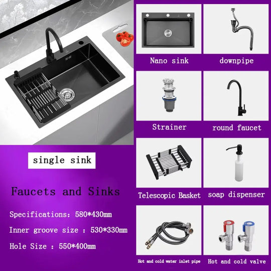 Black Stainless Steel Single Bowl Kitchen Sink Undermount Dishwasher 58X43 Sink