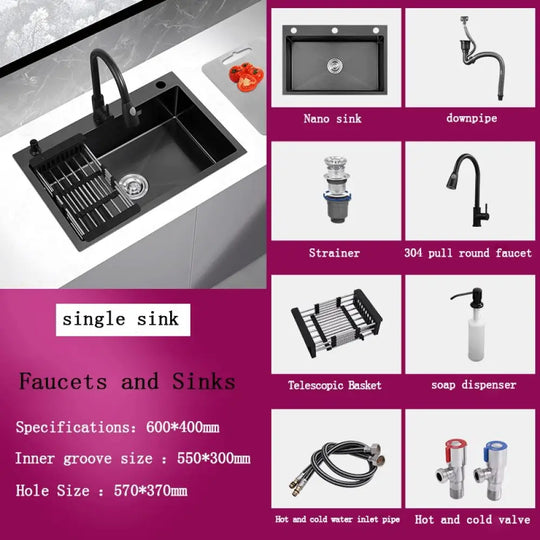 Black Stainless Steel Single Bowl Kitchen Sink Undermount Dishwasher 60X40 1 Sink