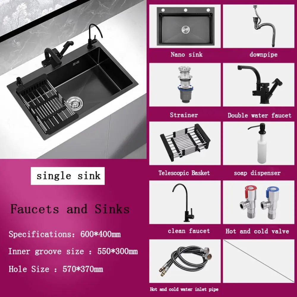 Black Stainless Steel Single Bowl Kitchen Sink Undermount Dishwasher 60X40 3 Sink