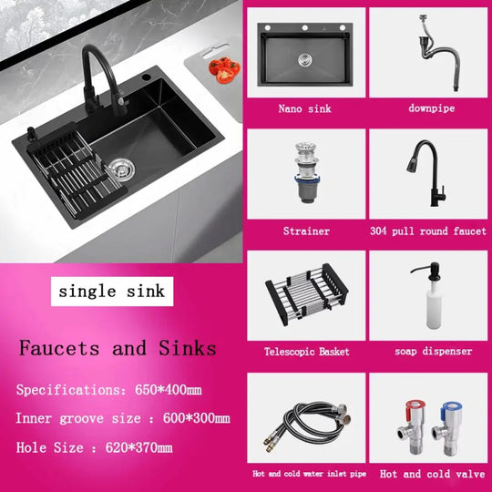 Black Stainless Steel Single Bowl Kitchen Sink Undermount Dishwasher 65X40 1 Sink