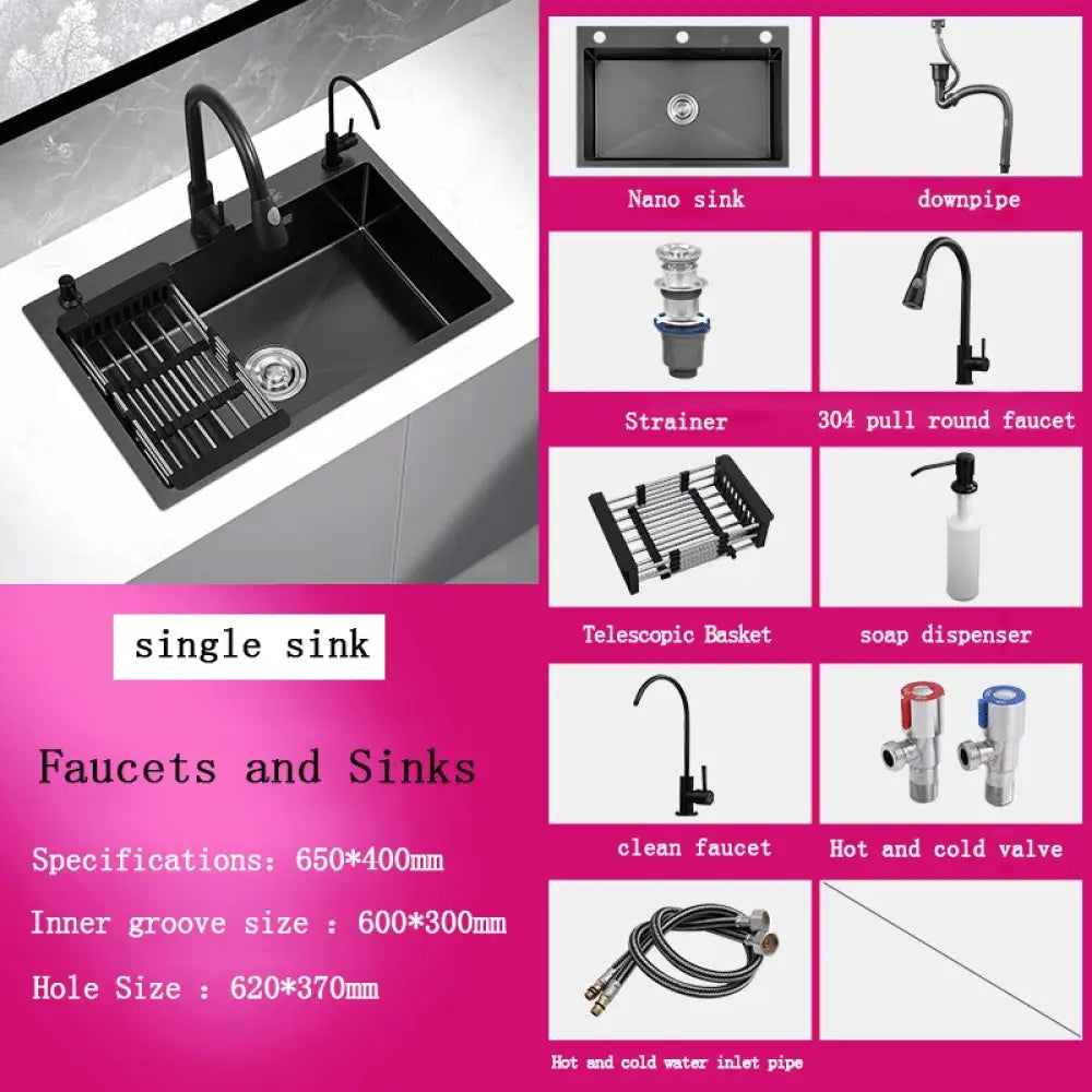 Black Stainless Steel Single Bowl Kitchen Sink Undermount Dishwasher 65X40 2 Sink
