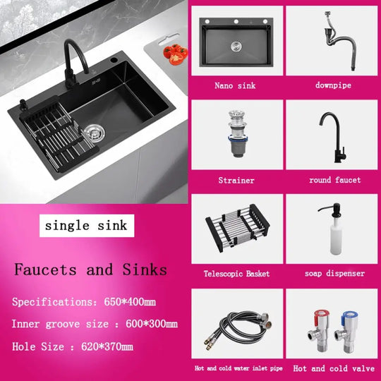 Black Stainless Steel Single Bowl Kitchen Sink Undermount Dishwasher 65X40 Sink
