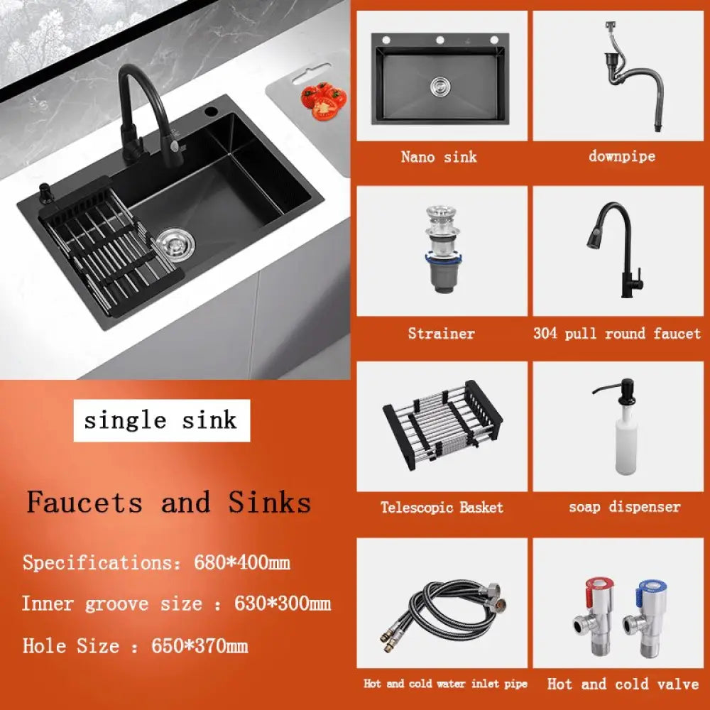 Black Stainless Steel Single Bowl Kitchen Sink Undermount Dishwasher 68X40 1 Sink