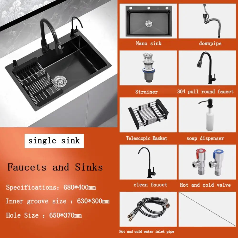 Black Stainless Steel Single Bowl Kitchen Sink Undermount Dishwasher 68X40 2 Sink