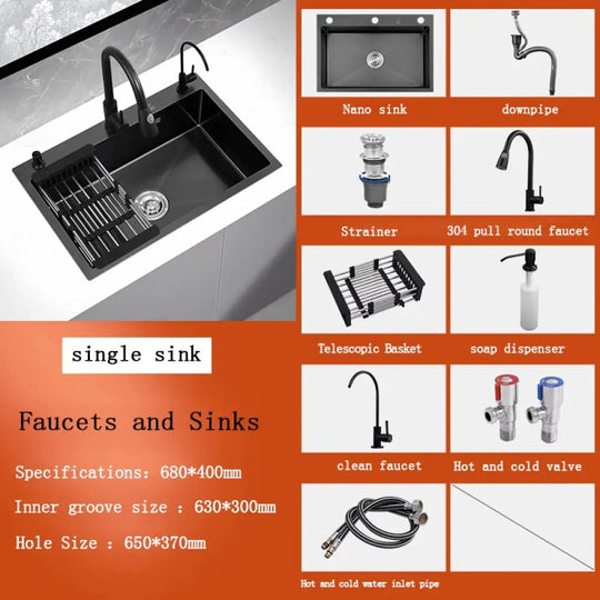 Black Stainless Steel Single Bowl Kitchen Sink Undermount Dishwasher 68X40 2 Sink