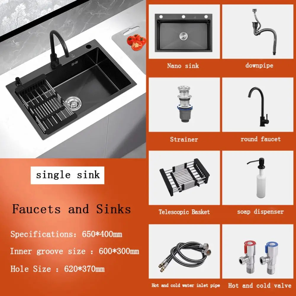 Black Stainless Steel Single Bowl Kitchen Sink Undermount Dishwasher 68X40 Sink