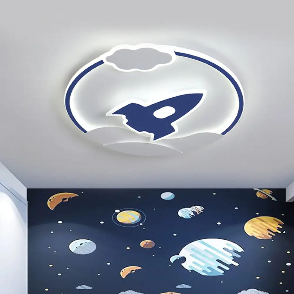 Blast Off To Bedtime: Blue Space Rocket Led Flushmount Lamp For Kids’ Bedrooms / White Ceiling Light